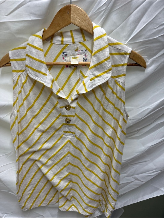 Maeve Tops - Maeve White and Yellow Striped Sleeveless Collared Blouse